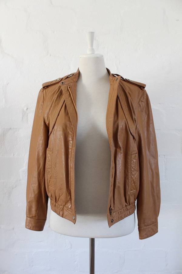 *GENUINE LEATHER* VINTAGE TAN BROWN BOMBER JACKET - SIZE 10
