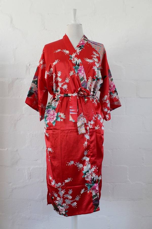 VINTAGE FLORAL RED PRINT ROBE KIMONO DRESS - SIZE L