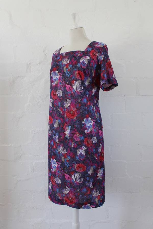 VINTAGE PURPLE PINK FLORAL PRINT DAY DRESS - SIZE 14