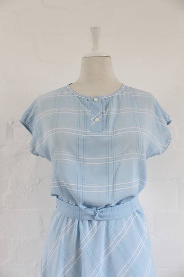 VINTAGE BLUE WHITE TIE WAIST DAY DRESS - SIZE 12