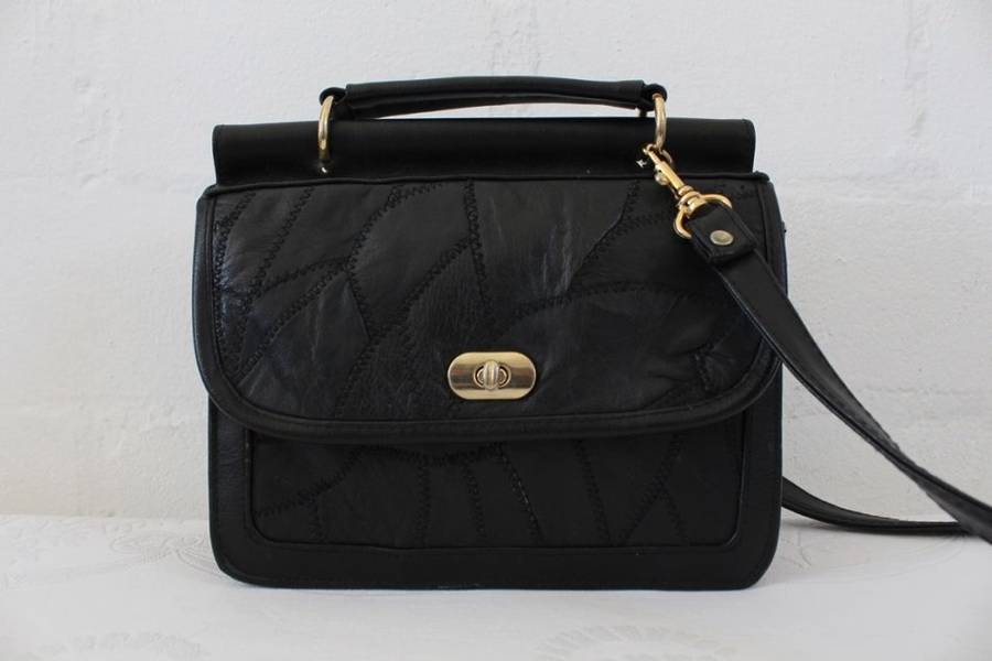 VINTAGE BLACK PATCH GENUINE LEATHER SATCHEL BAG HANDBAG