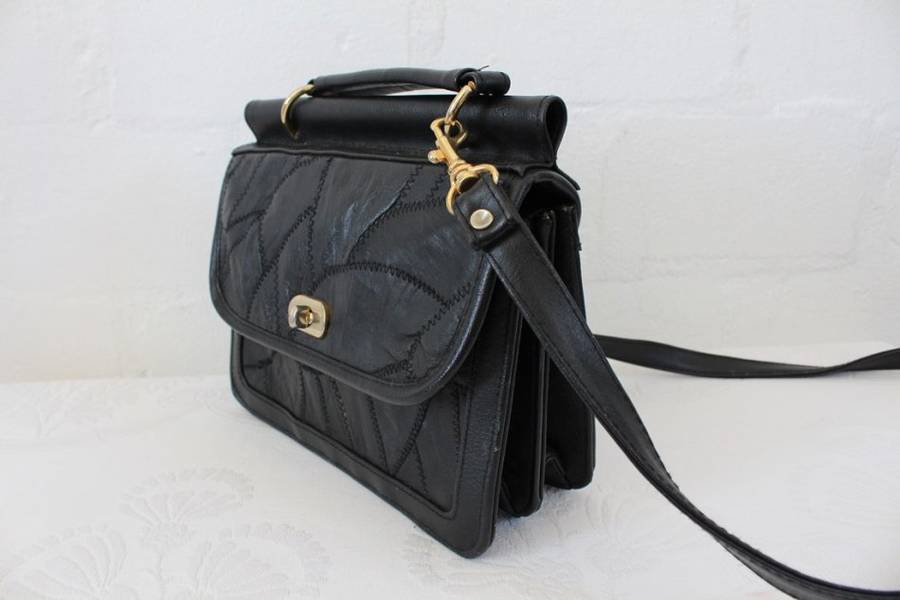 VINTAGE BLACK PATCH GENUINE LEATHER SATCHEL BAG HANDBAG