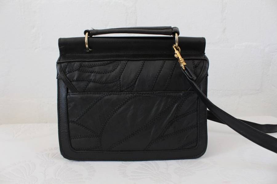 VINTAGE BLACK PATCH GENUINE LEATHER SATCHEL BAG HANDBAG
