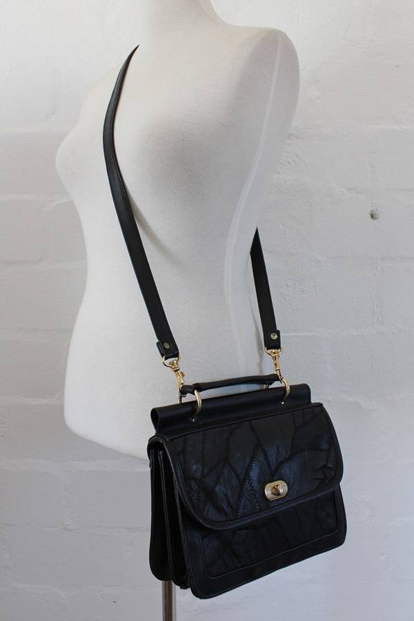 VINTAGE BLACK PATCH GENUINE LEATHER SATCHEL BAG HANDBAG
