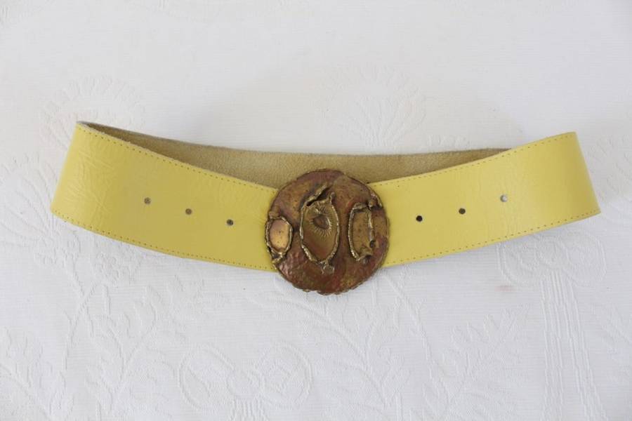 VINTAGE YELLOW GENUINE LEATHER BRASS BUCKLE BELT