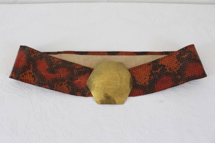 *GENUINE SNAKE SKIN* VINTAGE LEATHER BROWN WIDE BELT WITH BRASS BUCKLE