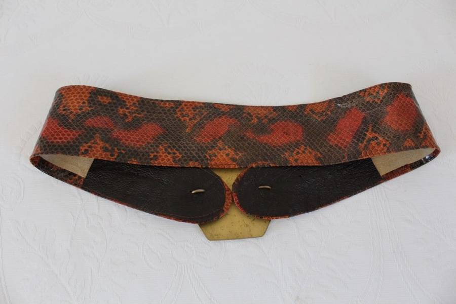 *GENUINE SNAKE SKIN* VINTAGE LEATHER BROWN WIDE BELT WITH BRASS BUCKLE