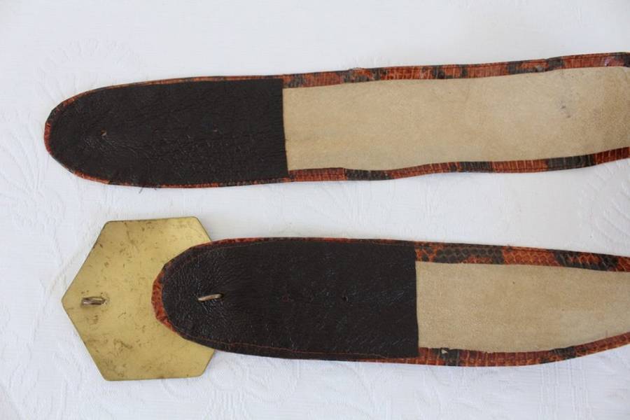 *GENUINE SNAKE SKIN* VINTAGE LEATHER BROWN WIDE BELT WITH BRASS BUCKLE