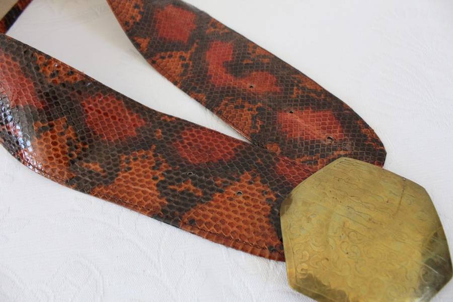 *GENUINE SNAKE SKIN* VINTAGE LEATHER BROWN WIDE BELT WITH BRASS BUCKLE