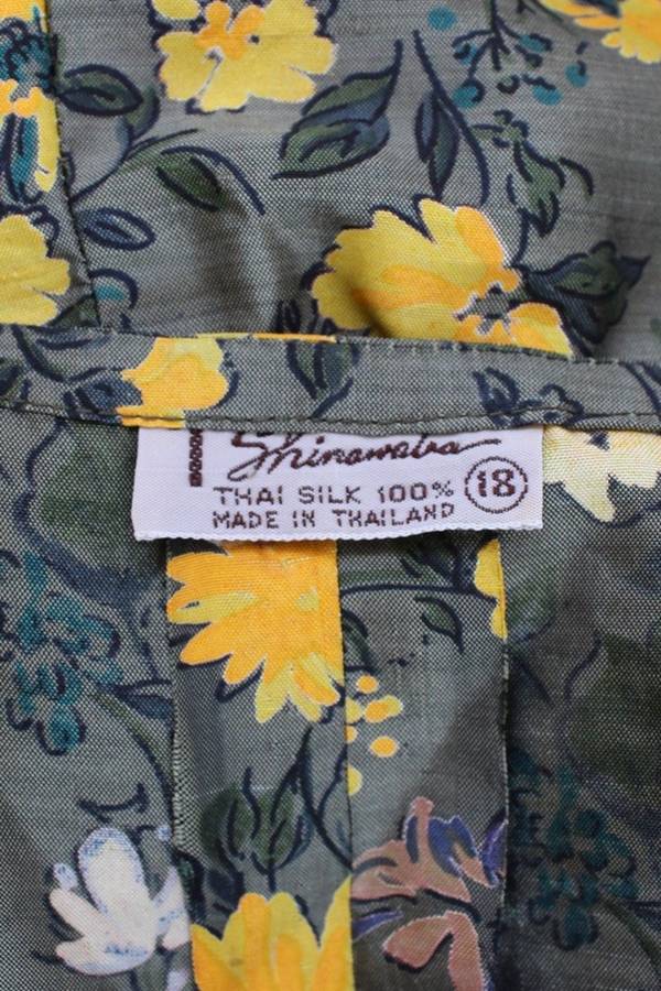 100% THAI SILK VINTAGE GREEN YELLOW FLORAL PRINT BLOUSE SHIRT TOP - SIZE 14