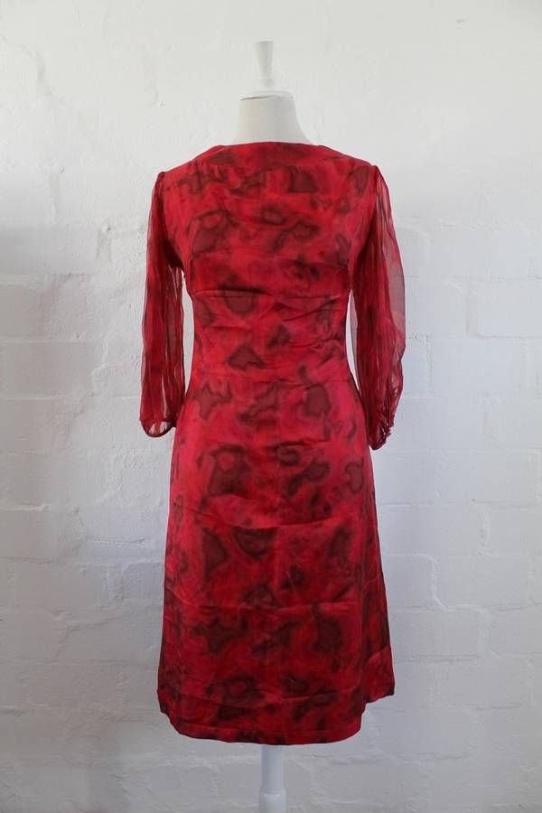 VINTAGE 100% SILK CHIFFON RED PRINTED COCKTAIL DRESS - SIZE 12