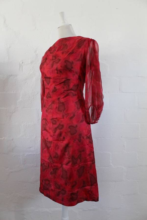 VINTAGE 100% SILK CHIFFON RED PRINTED COCKTAIL DRESS - SIZE 12