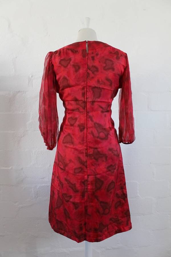 VINTAGE 100% SILK CHIFFON RED PRINTED COCKTAIL DRESS - SIZE 12
