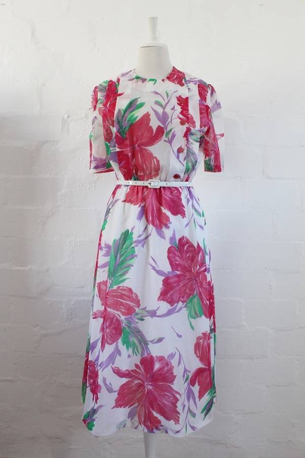 VINTAGE WHITE PINK FLORAL PRINT BELTED DAY DRESS - SIZE 10