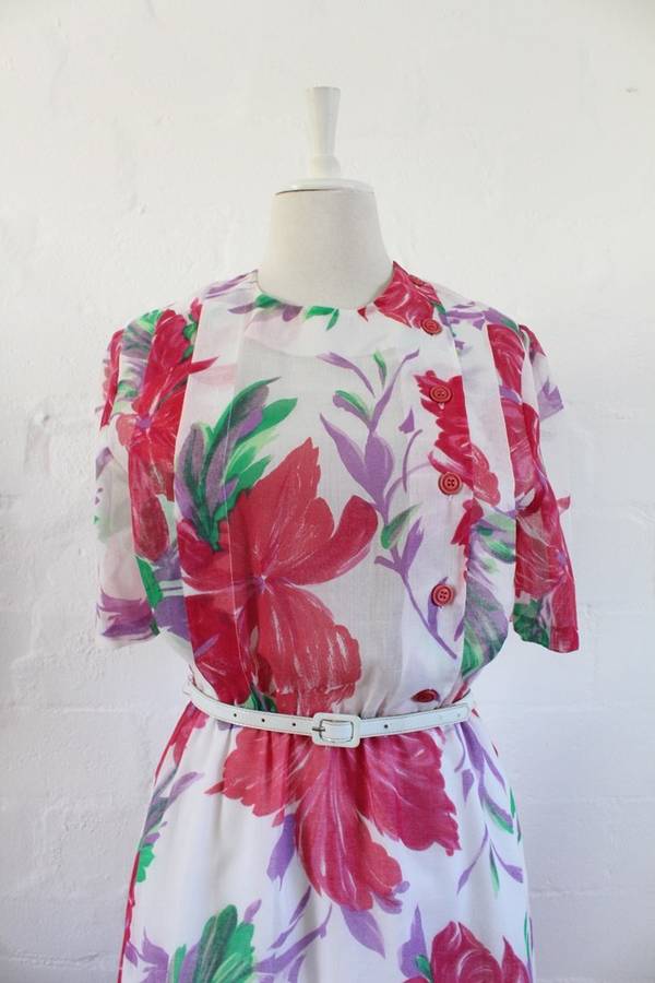 VINTAGE WHITE PINK FLORAL PRINT BELTED DAY DRESS - SIZE 10