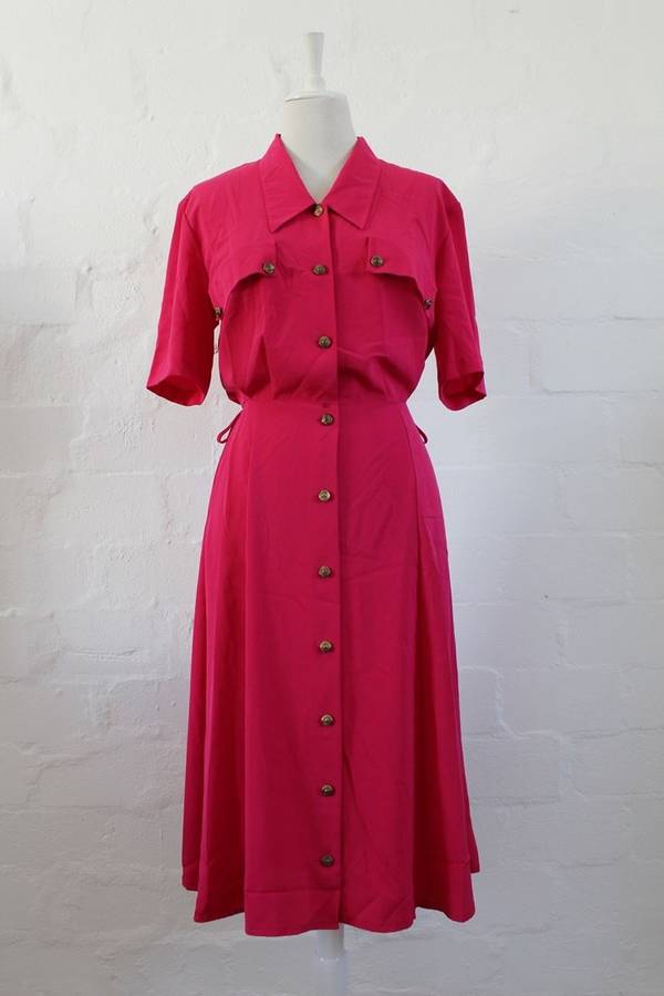 VINTAGE HOT PINK BUTTON DOWN SHIRT DAY DRESS - SIZE 12