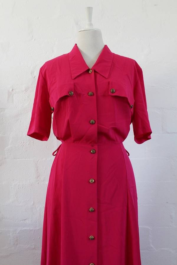 VINTAGE HOT PINK BUTTON DOWN SHIRT DAY DRESS - SIZE 12