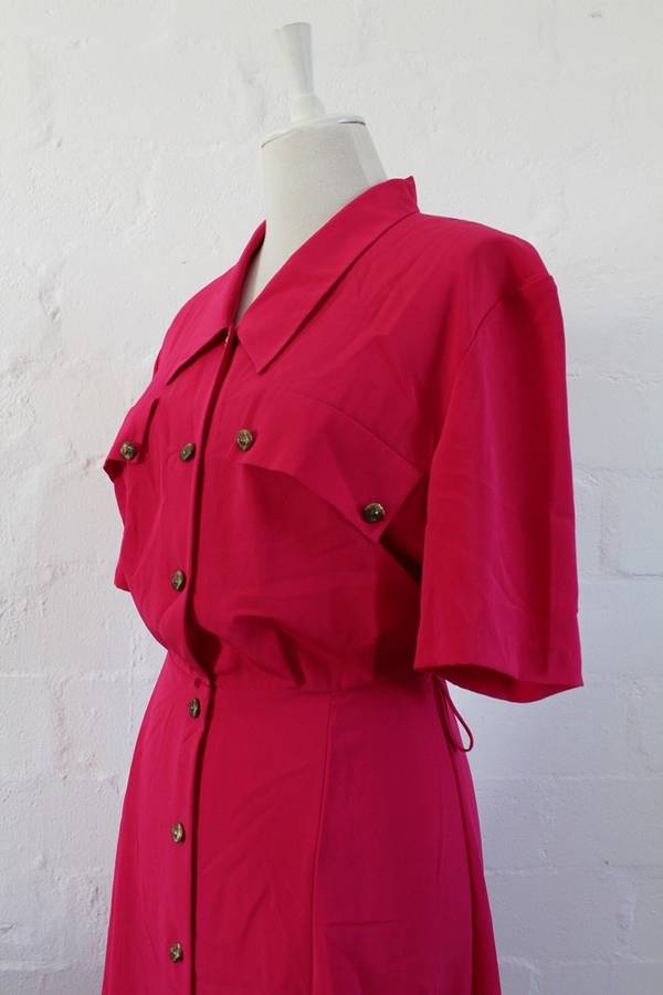 VINTAGE HOT PINK BUTTON DOWN SHIRT DAY DRESS - SIZE 12