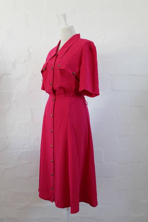VINTAGE HOT PINK BUTTON DOWN SHIRT DAY DRESS - SIZE 12