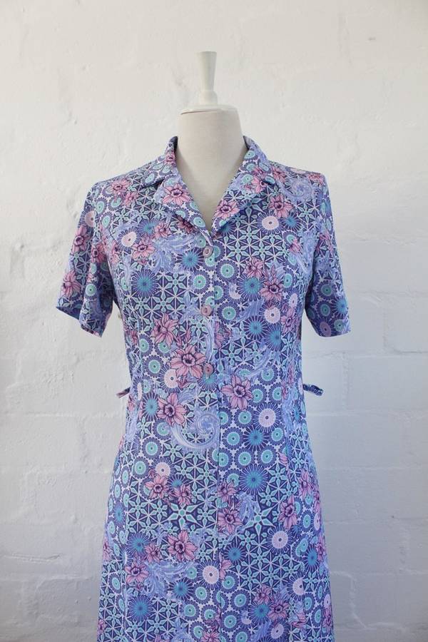 VINTAGE BLUE WHITE FLORAL PRINT DAY DRESS - SIZE 12