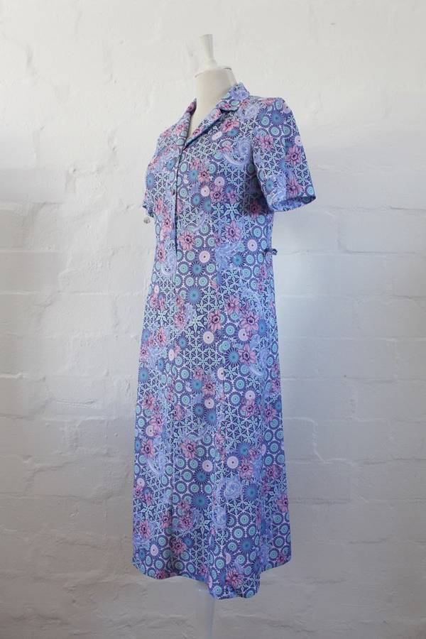 VINTAGE BLUE WHITE FLORAL PRINT DAY DRESS - SIZE 12