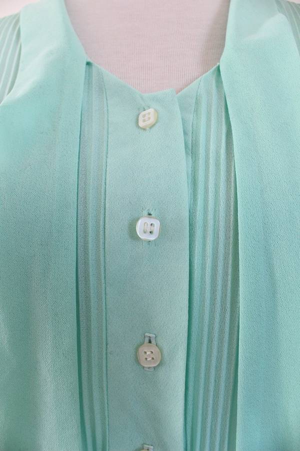 VINTAGE MINT GREEN PUSSYBOW NECK TIE PLEATED DRESS - SIZE 14