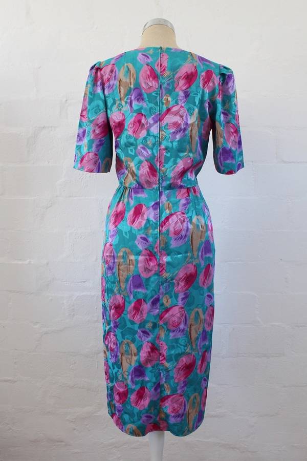 VINTAGE FLORAL PRINT BLUE PINK FITTED DRESS - SIZE 8
