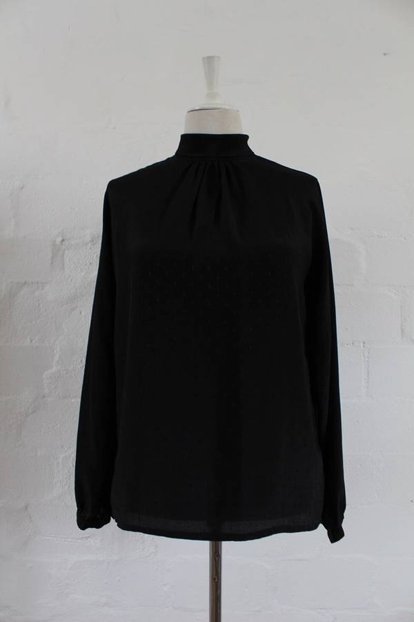 VINTAGE BLACK PRINTED POLO NECK LONG SLEEVE BLOUSE TOP SHIRT - SIZE 10