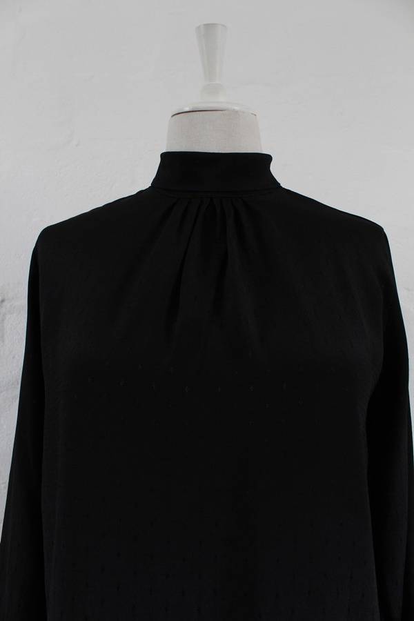VINTAGE BLACK PRINTED POLO NECK LONG SLEEVE BLOUSE TOP SHIRT - SIZE 10