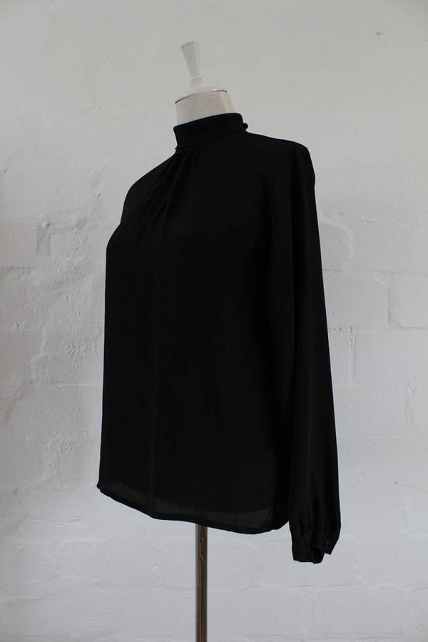 VINTAGE BLACK PRINTED POLO NECK LONG SLEEVE BLOUSE TOP SHIRT - SIZE 10