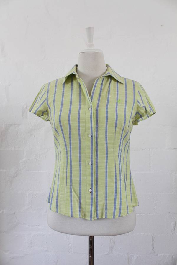 *SALE - 50% OFF!* *POLO* DESIGNER GREEN STRIPED SHORT SLEEVE SHIRT BLOUSE TOP - SIZE 10