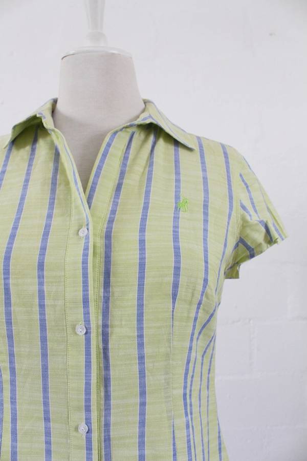 *SALE - 50% OFF!* *POLO* DESIGNER GREEN STRIPED SHORT SLEEVE SHIRT BLOUSE TOP - SIZE 10