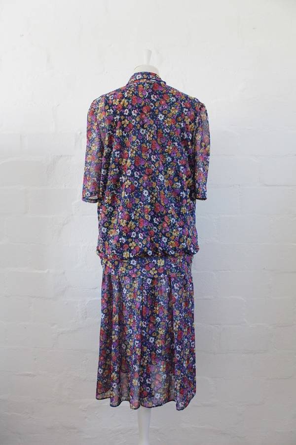 VINTAGE FLORAL PRINT NAVY RED DROP WAIST DAY DRESS - SIZE 14