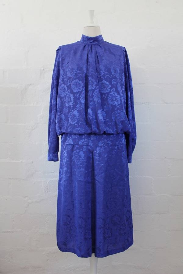 VINTAGE BLUE FLORAL LONG SLEEVE DROP WAIST DRESS - SIZE 12
