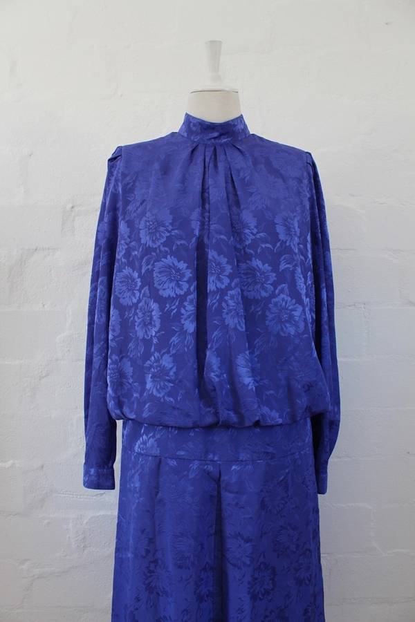 VINTAGE BLUE FLORAL LONG SLEEVE DROP WAIST DRESS - SIZE 12
