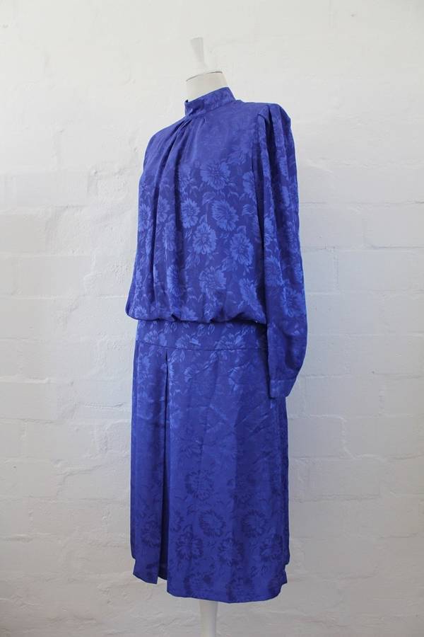 VINTAGE BLUE FLORAL LONG SLEEVE DROP WAIST DRESS - SIZE 12