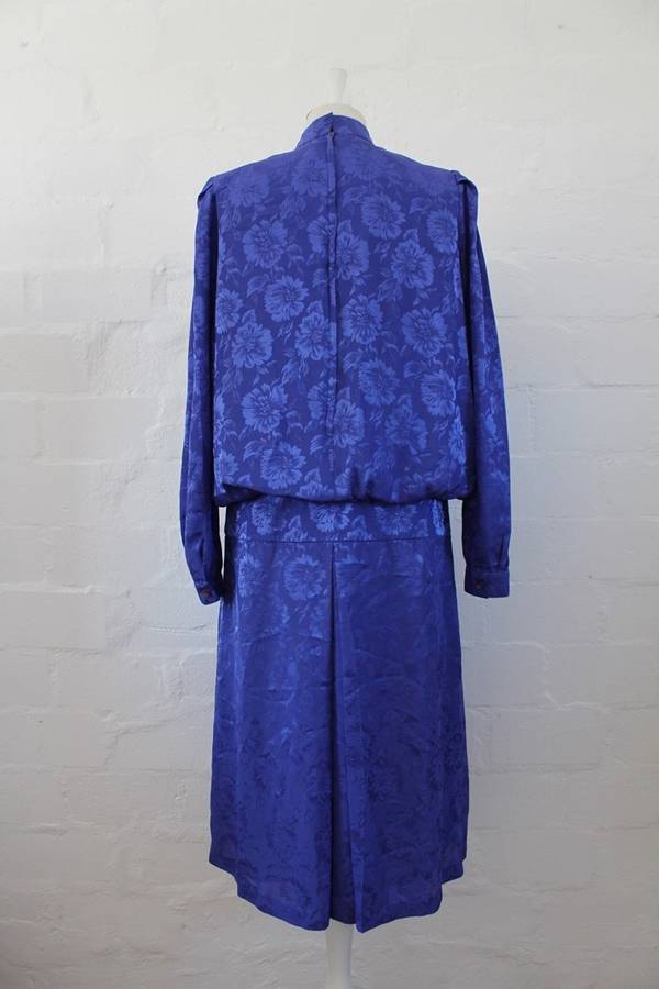 VINTAGE BLUE FLORAL LONG SLEEVE DROP WAIST DRESS - SIZE 12