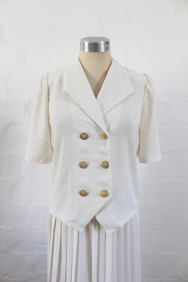 VINTAGE CREAM TWO PIECE BLOUSE PLEATED SKIRT SET - SIZE 8