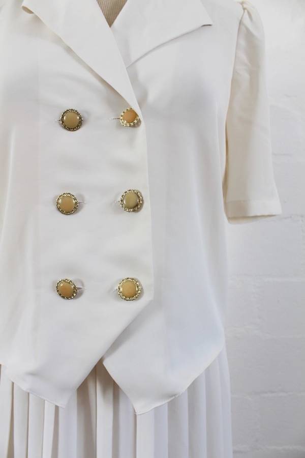 VINTAGE CREAM TWO PIECE BLOUSE PLEATED SKIRT SET - SIZE 8