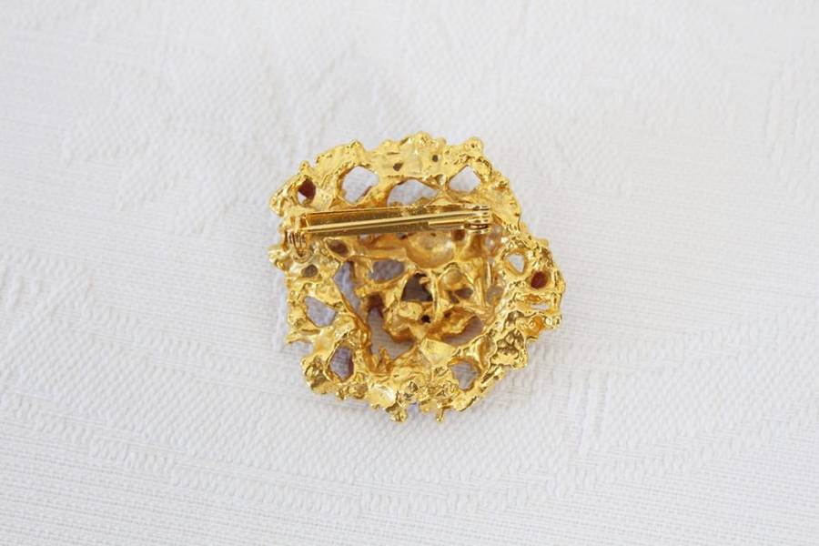 VINTAGE RED JASPER GEM STONE CLUSTER GOLD PLATED BROOCH PIN