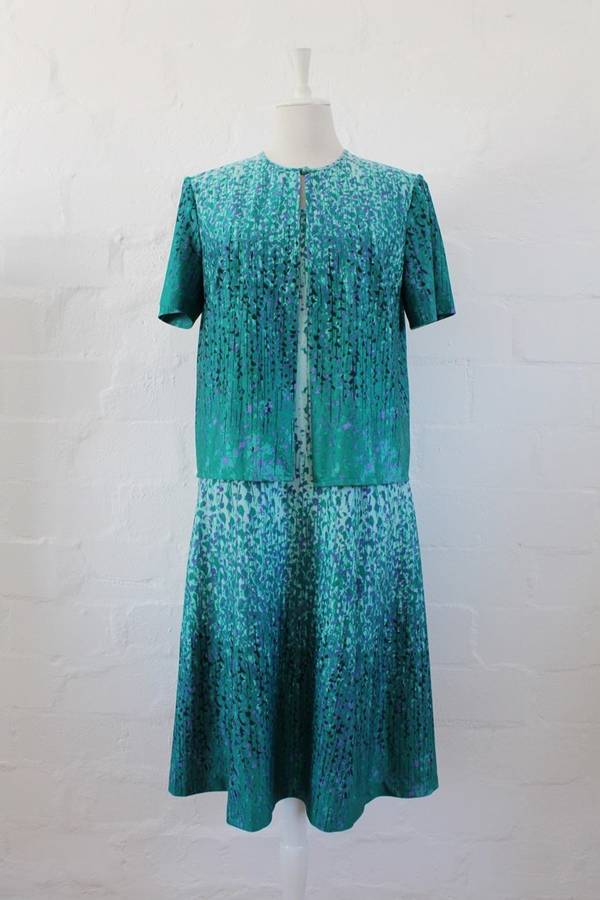 TWO PIECE VINTAGE BLUE GREEN FLORAL PRINT DRESS TOP SET - SIZE 16
