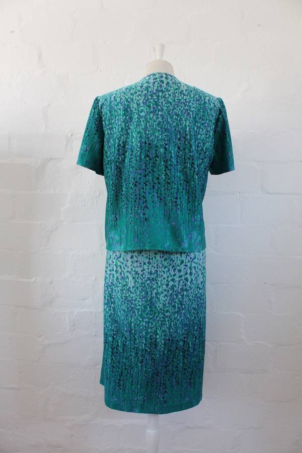 TWO PIECE VINTAGE BLUE GREEN FLORAL PRINT DRESS TOP SET - SIZE 16
