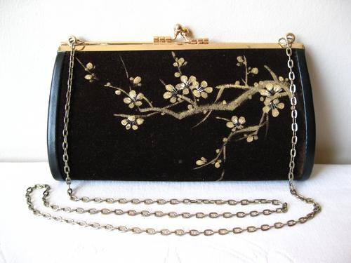 VINTAGE HAND PAINTED GOLD BROWN CHAIN CLUTCH EVENING BAG