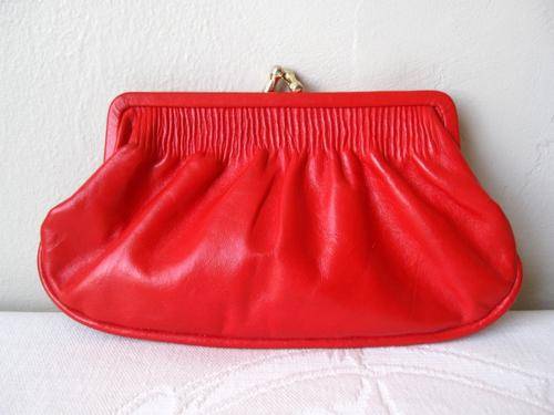 GENUINE LEATHER VINTAGE RED KISSLOCK FRAME COIN PURSE