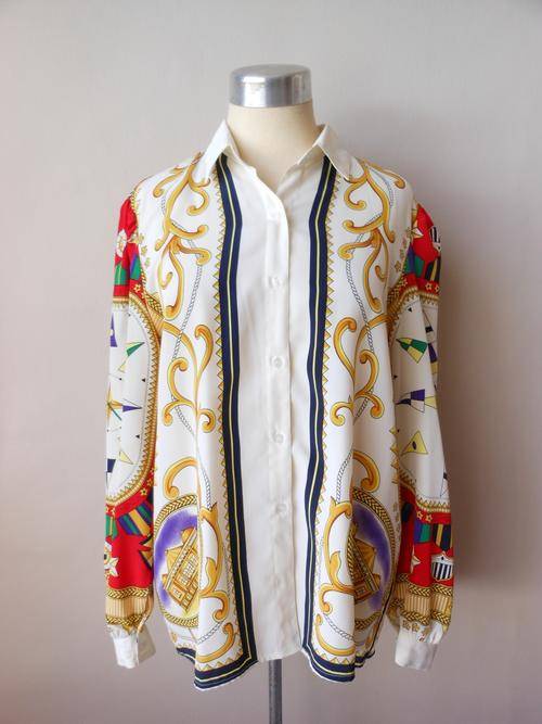 VINTAGE RETRO WHITE GOLD RED STAR MEDAL FLAG PRINT SHIRT TOP BLOUSE - SIZE 16