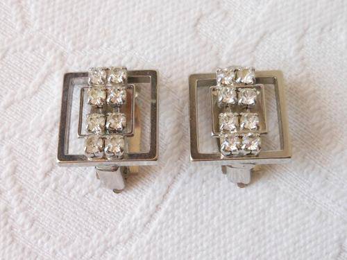 VINTAGE SILVER PLATED RHINESTONE CRYSTAL SQUARE CLIP-ON EARRINGS