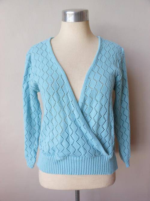VINTAGE BLUE KNIT WRAP V-NECK JERSEY - SIZE L