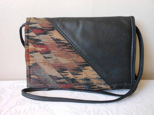 VINTAGE GENUINE LEATHER BLACK FABRIC SLING MESSENGER SMALL BAG HADNBAG - CAPE TOWN