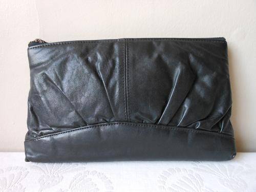 VINTAGE GENUINE LEATHER BLACK CLUTCH PURSE BAG HANDBAG