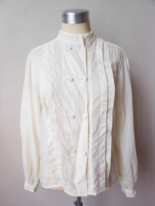 VINTAGE DAKS LONDON COTTON CREAM DOUBLE BREASTED PLEATED BLOUSE TOP SHIRT - SIZE 14